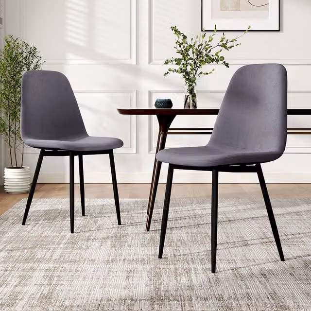 Komore Set of 2 Modern Upholstered Velvet Dining Chairs in Grey with Black Slim Legs