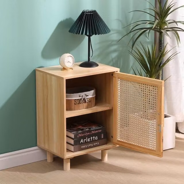 SPOT ON DEALZ Rattan Bedside Table and Storage Cabinet in Natural Oak with 1 Door and Internal Shelf – 1