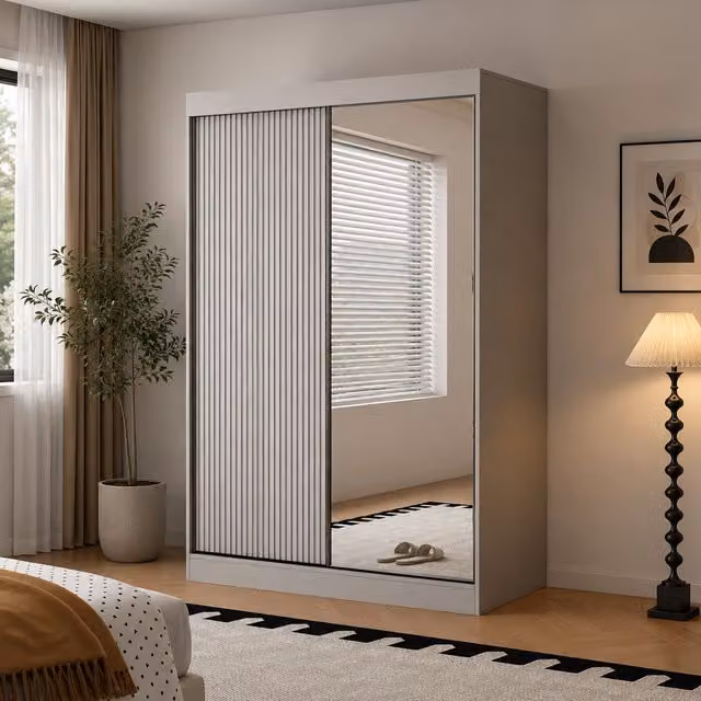 Berlin 150cm Grey Sliding Door Wardrobe with Mirror and Ribbed Panel