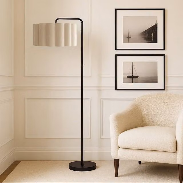 CGC Lighting Kyra Matt Black Angled Floor Lamp with Large Scalloped Beige Fabric Lampshade