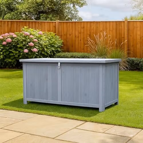 AIRWAVE Small Wooden Garden Storage Box with Lockable Showerproof Lid, 300L Fir Wood Chest for Patio Cushions and Outdoor Tools – 1