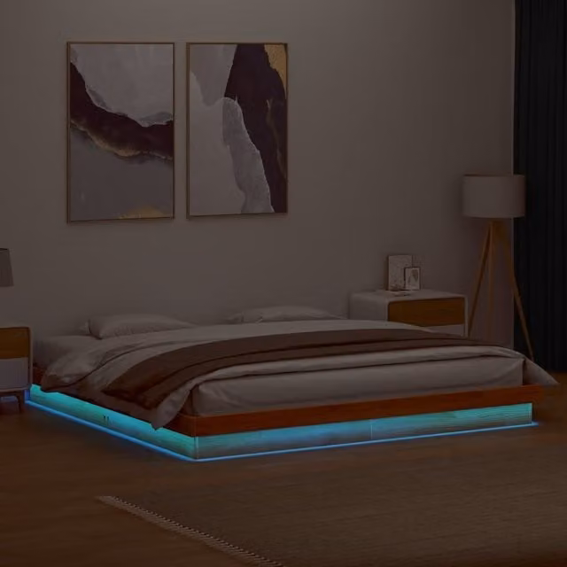 Berkfield Home Solid Wood LED Bed Frame in Wax Brown with Under-Bed Lighting and USB Charging Port, 200 x 200 cm
