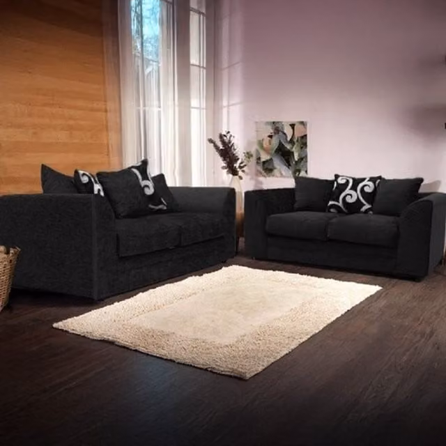 Furniture786ltd Dynasty Black Chenille Fabric 3 and 2 Seater Sofa Set with Scatter Cushions
