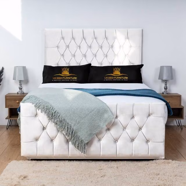 UK Bed Furniture Jublie Divan Bed Base with 26 Inch Headboard in White, King Size, W/D/H: 180 x 200 cm