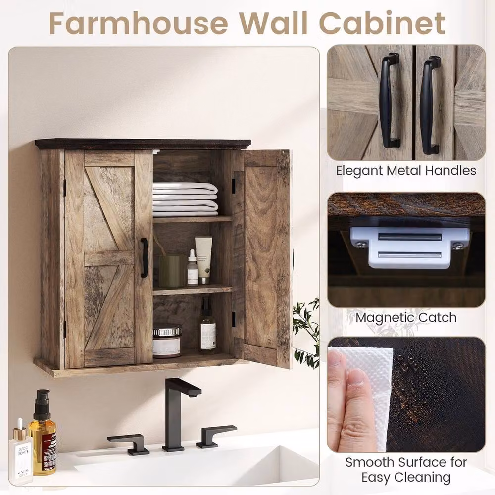 EONLION Brown Rustic Farmhouse Wall Mounted Bathroom and Kitchen Medicine Cabinet with Hinged Doors and Internal Shelves – 3