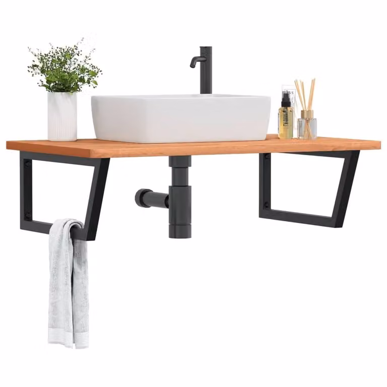 Berkfield Home Wall Mounted Basin Shelf in Brown Steel and Solid Beech Wood