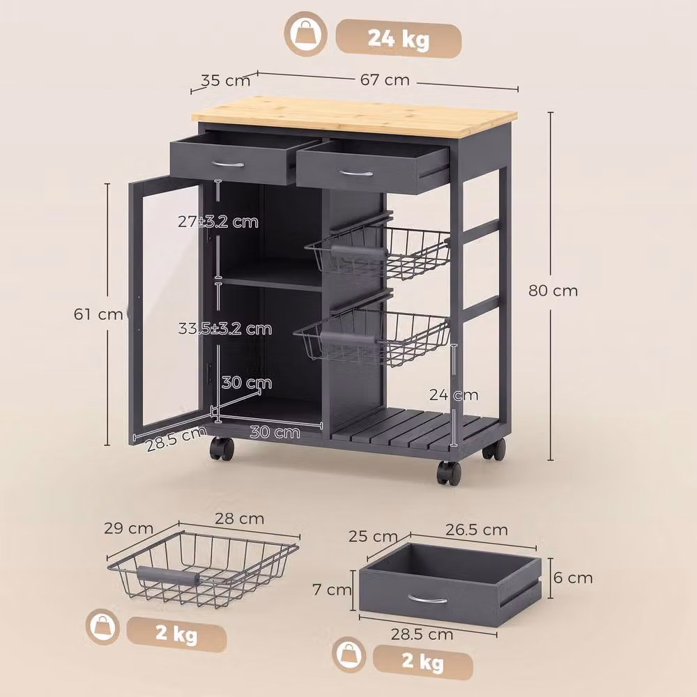 HOMCOM Grey Bamboo Kitchen Island with Glass Door and Metal Wire Baskets – 3