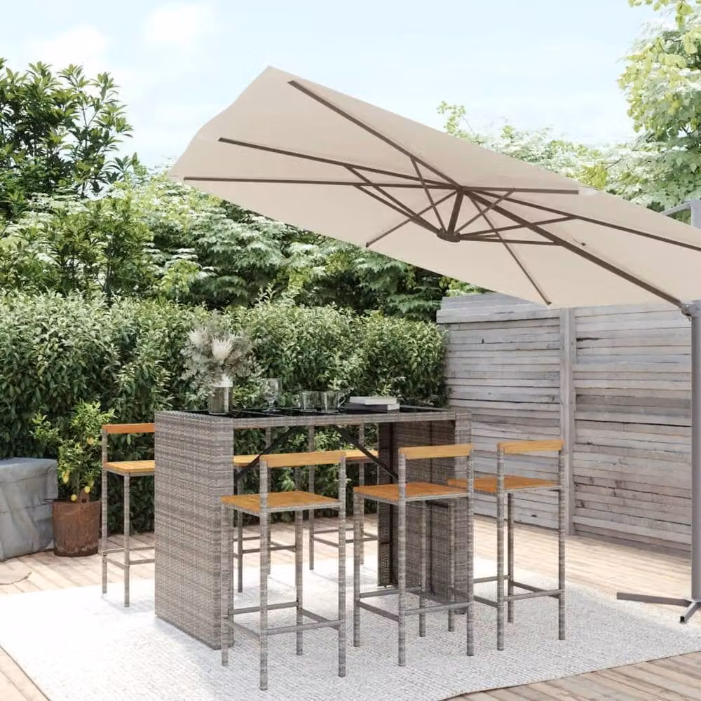 Berkfield Home Beautiful 7 Piece Grey Poly Rattan and Solid Acacia Wood Garden Bar Set – 1