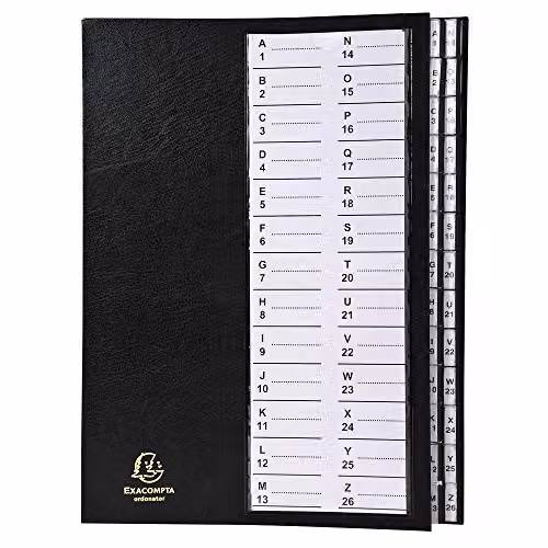 Exacompta Black Multipart File with Rigid Cover for A4 Documents, 26 Sections A-Z, 300gsm Ivory Pressboard, Size: 33.0 x 25.0 cm