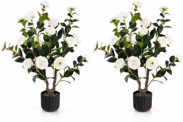 Costway 2 Pack Artificial Camellia Tree Faux Floral Plants in White – 1