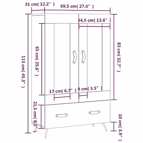 vidaXL Modern Black Highboard with Glass Doors and Internal Shelves, W/D/H: 69.5 x 31 x 115 cm – 3