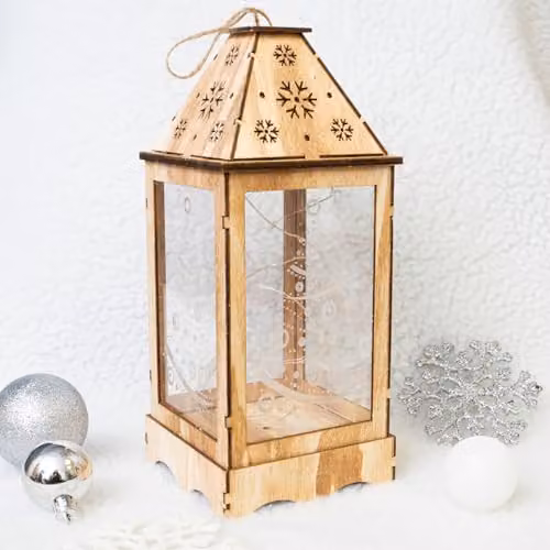 mysmartbuy Pre-Lit Rustic Wooden Christmas Lantern with Snowflake Cut-Out and LED String Lights in Brown, H27 x W11 x D11 cm – 3