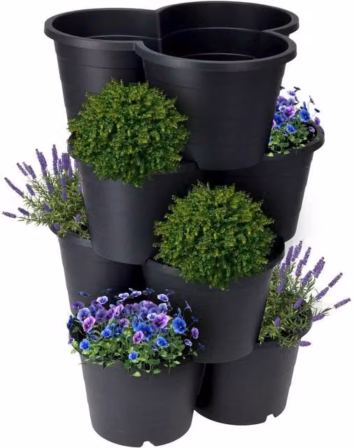 GEEZY Set of 4 Stackable Flower Pot Planters for Outdoor Vertical Gardens, Black