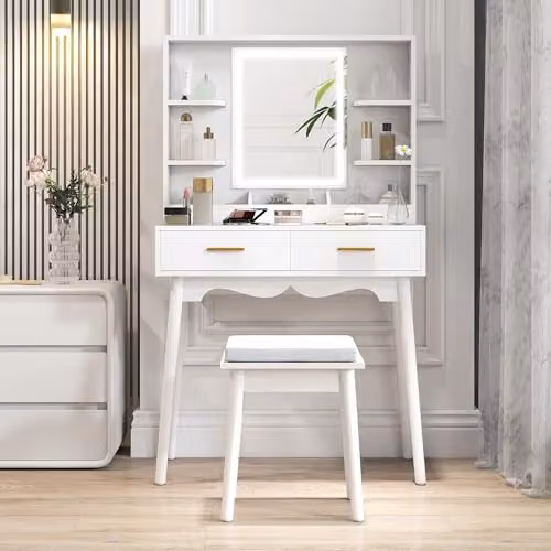 HOMCOM Modern White and Gold Dressing Table with Hollywood LED Lighted Mirror and Stool, W/D/H: 137.5 x 80 x 40 cm
