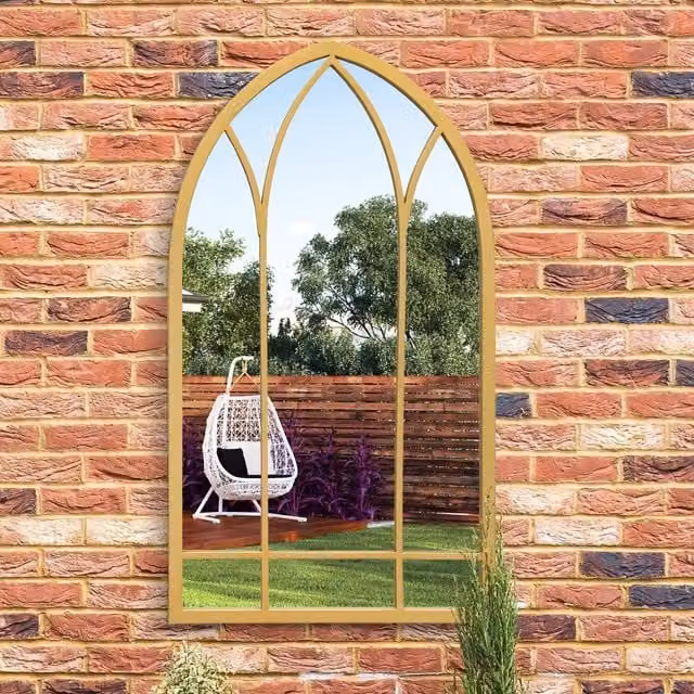 MirrorOutlet Arcus Modern Outdoor Arch Garden Wall Mirror in Gold