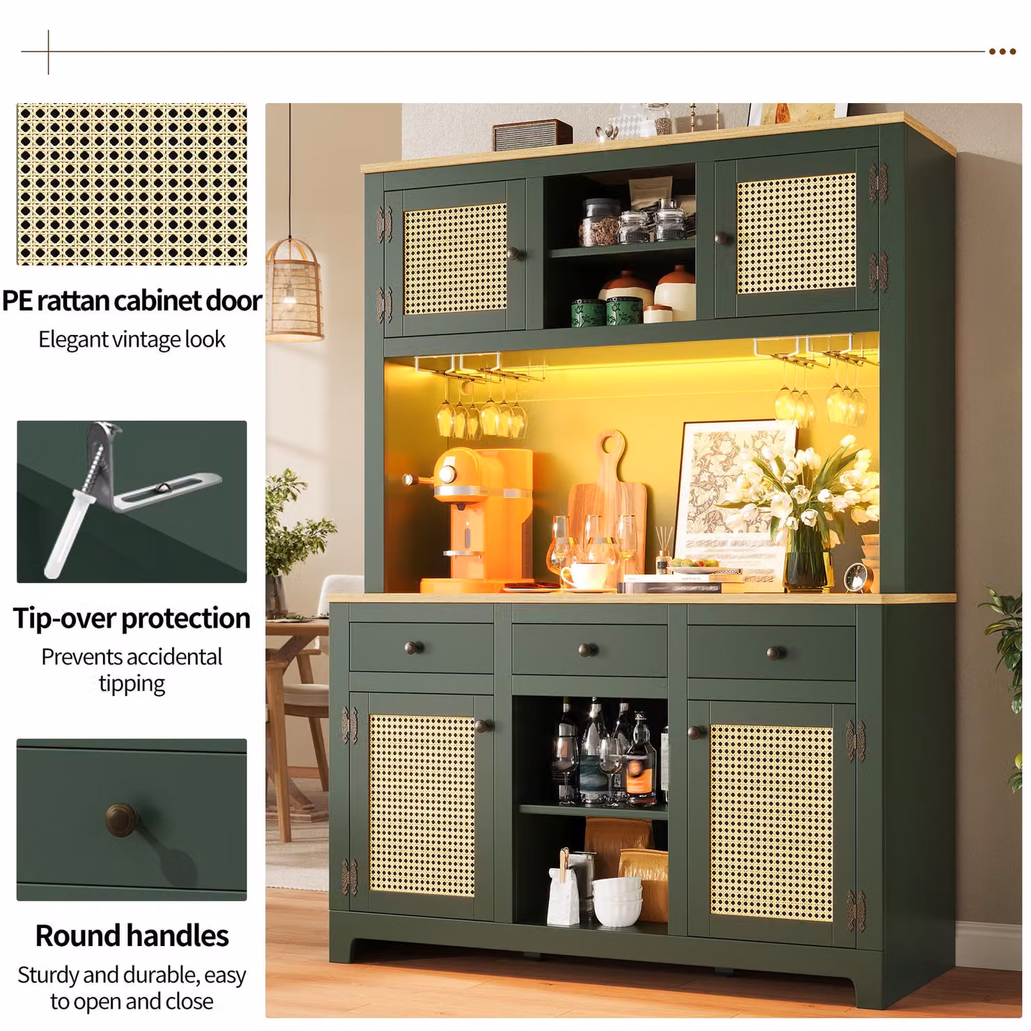Aosom UK Antique Green Tall Kitchen Storage Cabinet with Colour-Changing Lighting and Adjustable Shelves, H 180 x W 120 x D 40 cm – 4