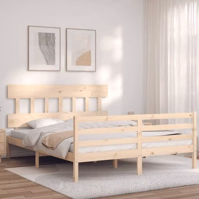 Berkfield Home Beautiful Bed Frame with Headboard in Natural Solid Pine, W/D/H: 160 x 200 x 165.5 cm – 1
