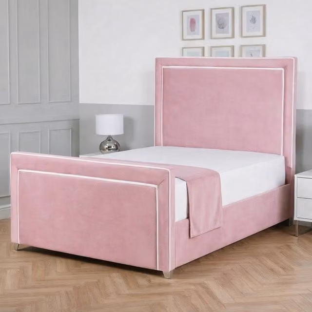 Living Comfort Bedz Verona Upholstered Velvet Bed Frame with Slatted Base in Pink, Size: King (180 x 200 cm)