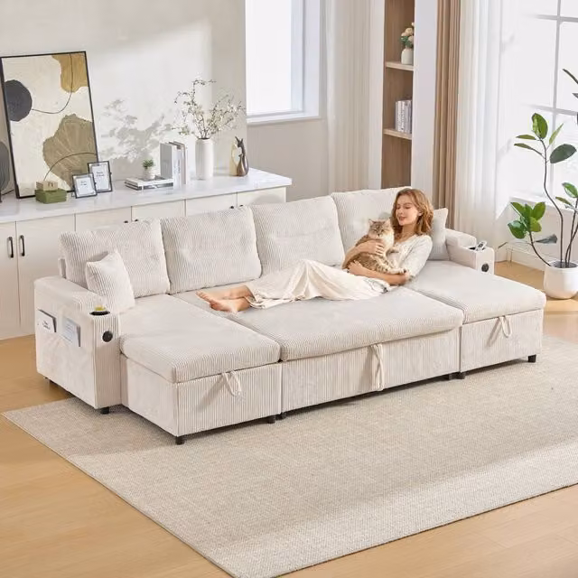 Matteo Beige 4-Seater Corduroy Corner Sofa with Chaise, Storage, USB Charging and Sleeping Function