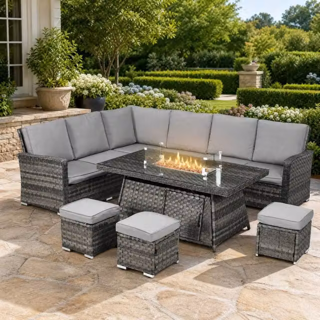 STILVORA 7-Piece Grey Rattan Sofa Set with Fire Pit Table