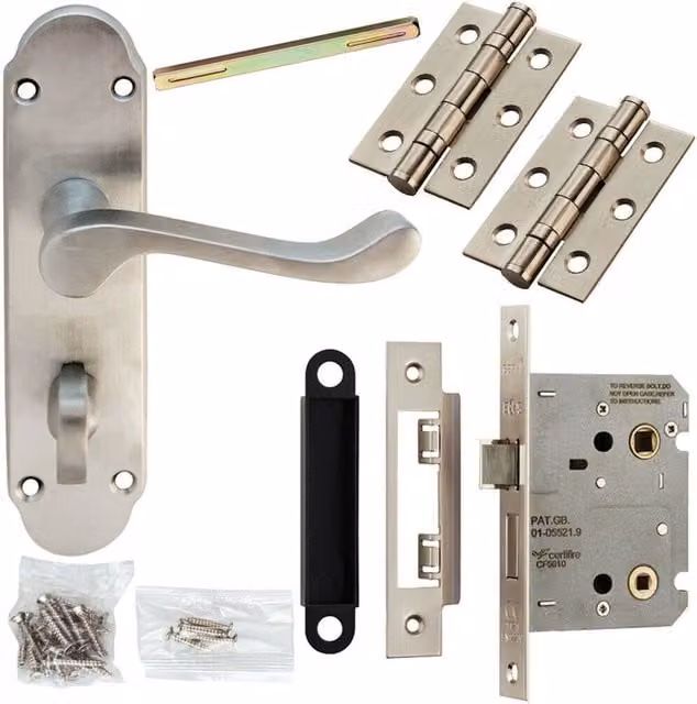 Loops Victorian Upturned Bar Door Handle and Bathroom Lock Pack in Satin Chrome – 1