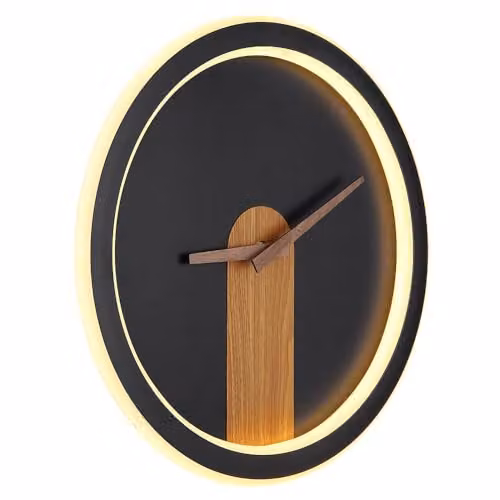 Globo Lighting Sussy LED Wall Clock Lamp in Matt Black and Wood, Warm White 3000K, D 31 cm – 1