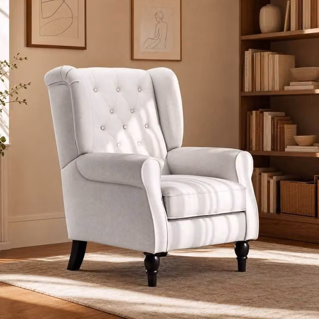 STILVORA Wingback Armchair in Cream Linen with Solid Wood Frame