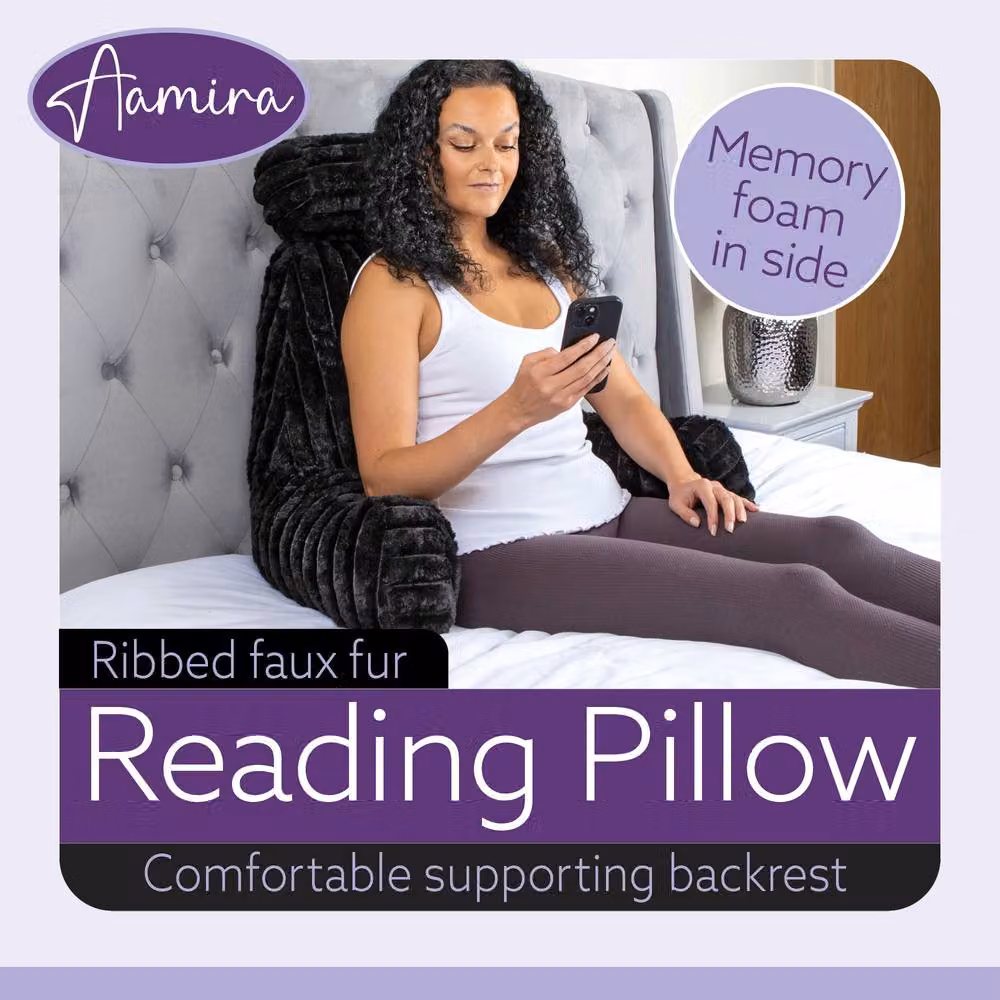 Aamira Black Faux Fur Ribbed Memory Foam Reading Pillow and Wedge Support Cushion – 2