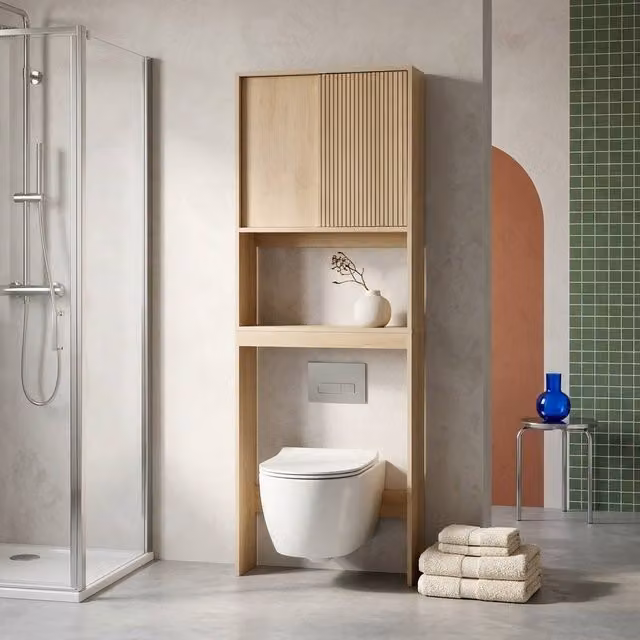 sweeek Scandinavian Freestanding Bathroom Storage Cabinet in Brown with Sliding Doors and Internal Shelves, H 180 x W 64 x D 20 cm