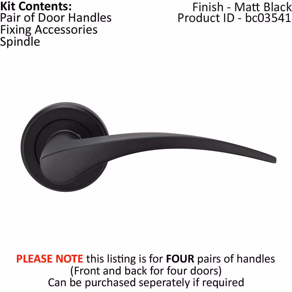 Loops 4 Pairs of Arched Tapered Handles with Round Rose Concealed Fix in Matt Black Finish – 2