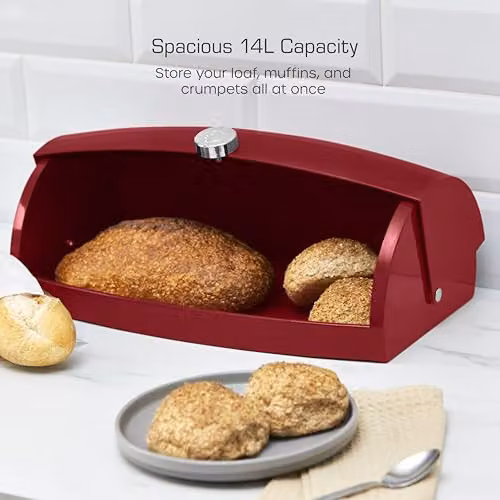 Swan Townhouse Ventilated Roll Front Bread Bin, Red, 14 Litre – 2