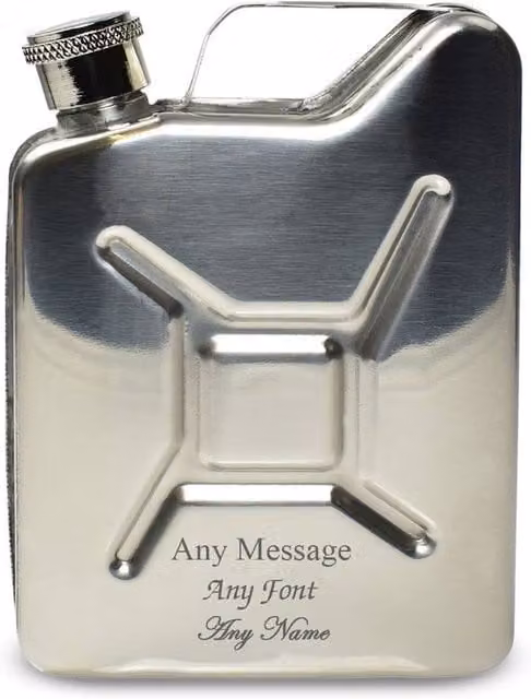 Uniqueful Personalised Engraved Silver Jerry Can Hip Flask, 100ml