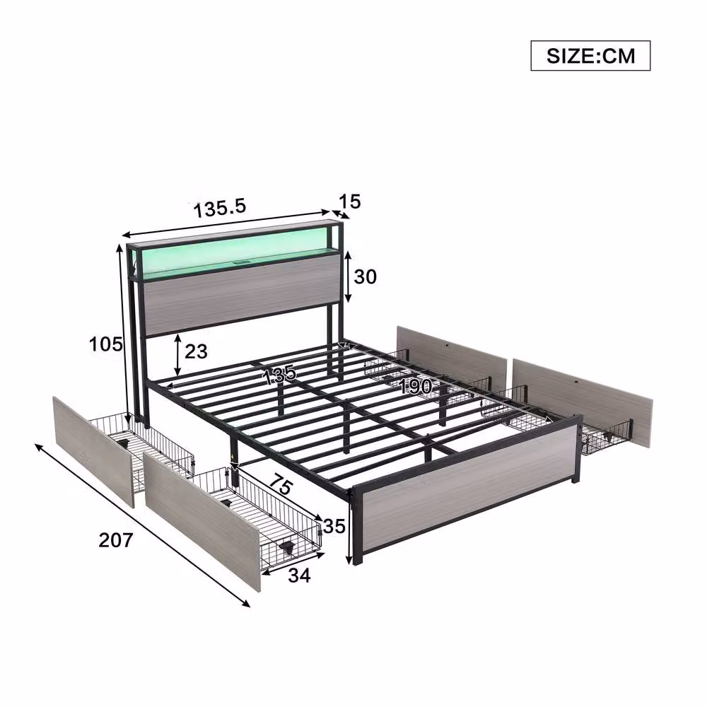 Merax Double Industrial Metal and Wood Bed in Grey and Black with LED Headboard, USB Charging Port and 4 Drawers, W/D/H: 140 x 200 x 135.5 cm – 7