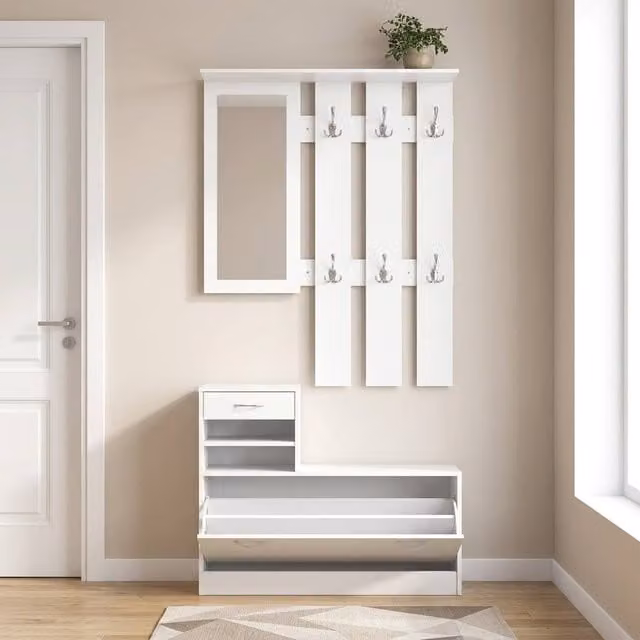 STILVORA White Shoe Cabinet with Mirror and Hinged Doors, H: 116 cm, W: 90 cm, D: 24 cm – 1