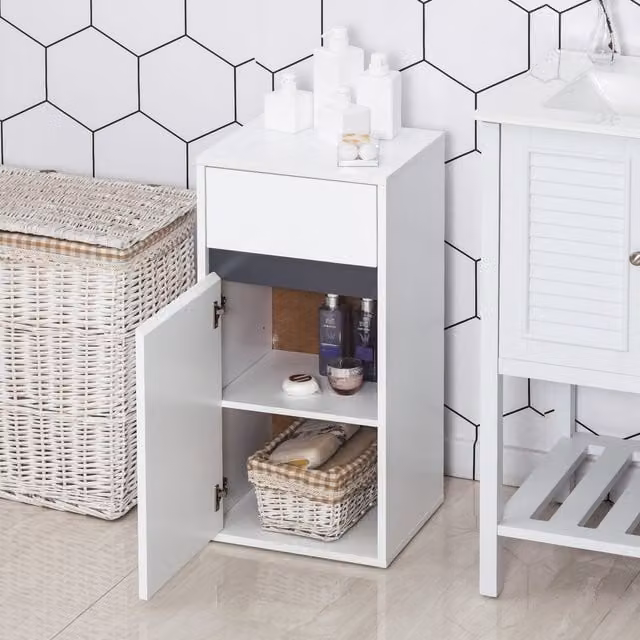 HOMOM Modern White Freestanding Bathroom Storage Cabinet with Internal Shelves and Hinged Doors