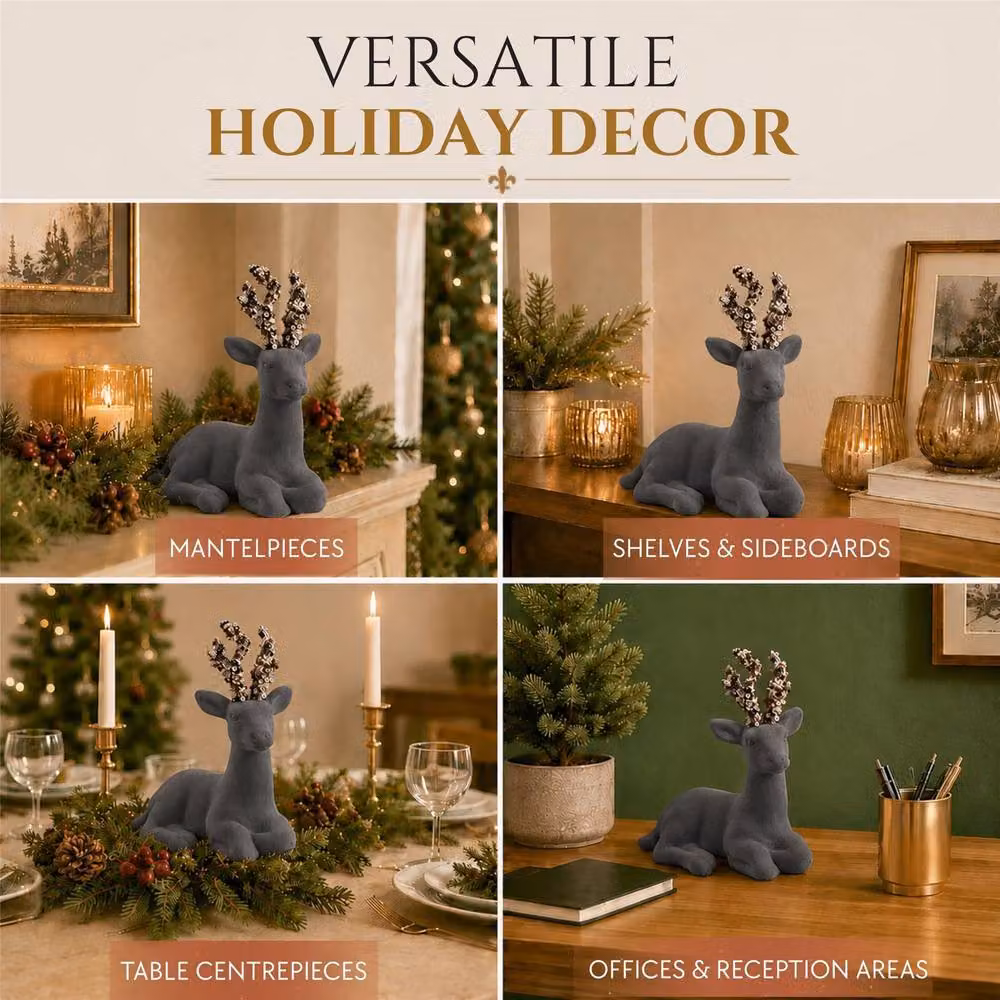 Shatchi Grey Velvet Sitting Deer with Antlers Christmas Reindeer Ornament, Height: 19 cm – 4