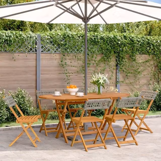 Berkfield Home Set of 6 Grey Poly Rattan and Lacquered Acacia Wood Folding Garden Chairs – 1