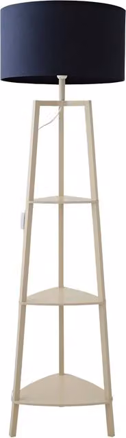 ValueLights Hiru 3 Tier Wooden Shelf Floor Lamp with Blue Fabric Cylinder Shade and Bulb, Beige and Blue – 4