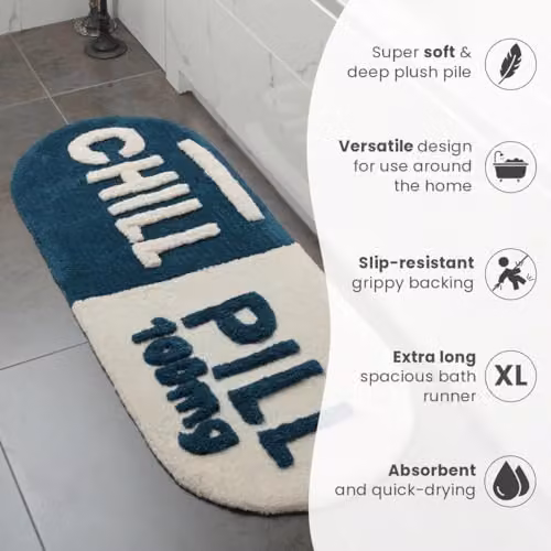 Mooky Mats Chill Pill Non-Slip Absorbent Bath Mat Runner, Petrol and Cream, W: 46 cm, L: 115 cm – 4