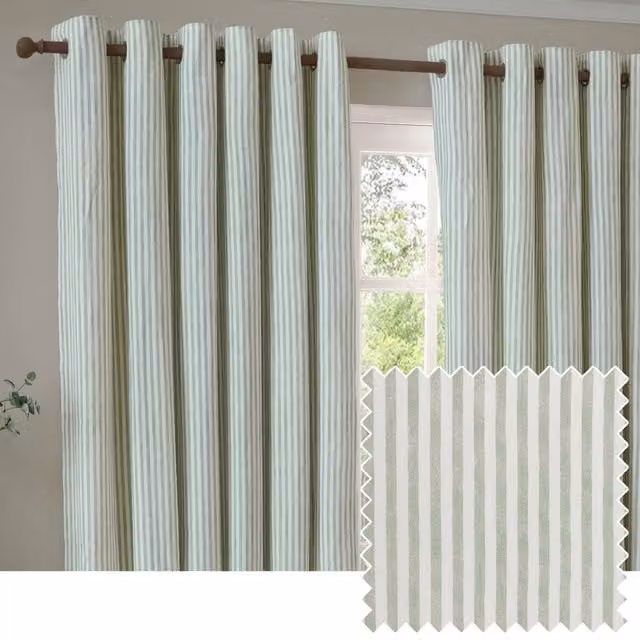 Make It A Home Hebden Striped Cotton Eyelet Curtain Pair in Green, Width: 168 cm, Height: 229 cm