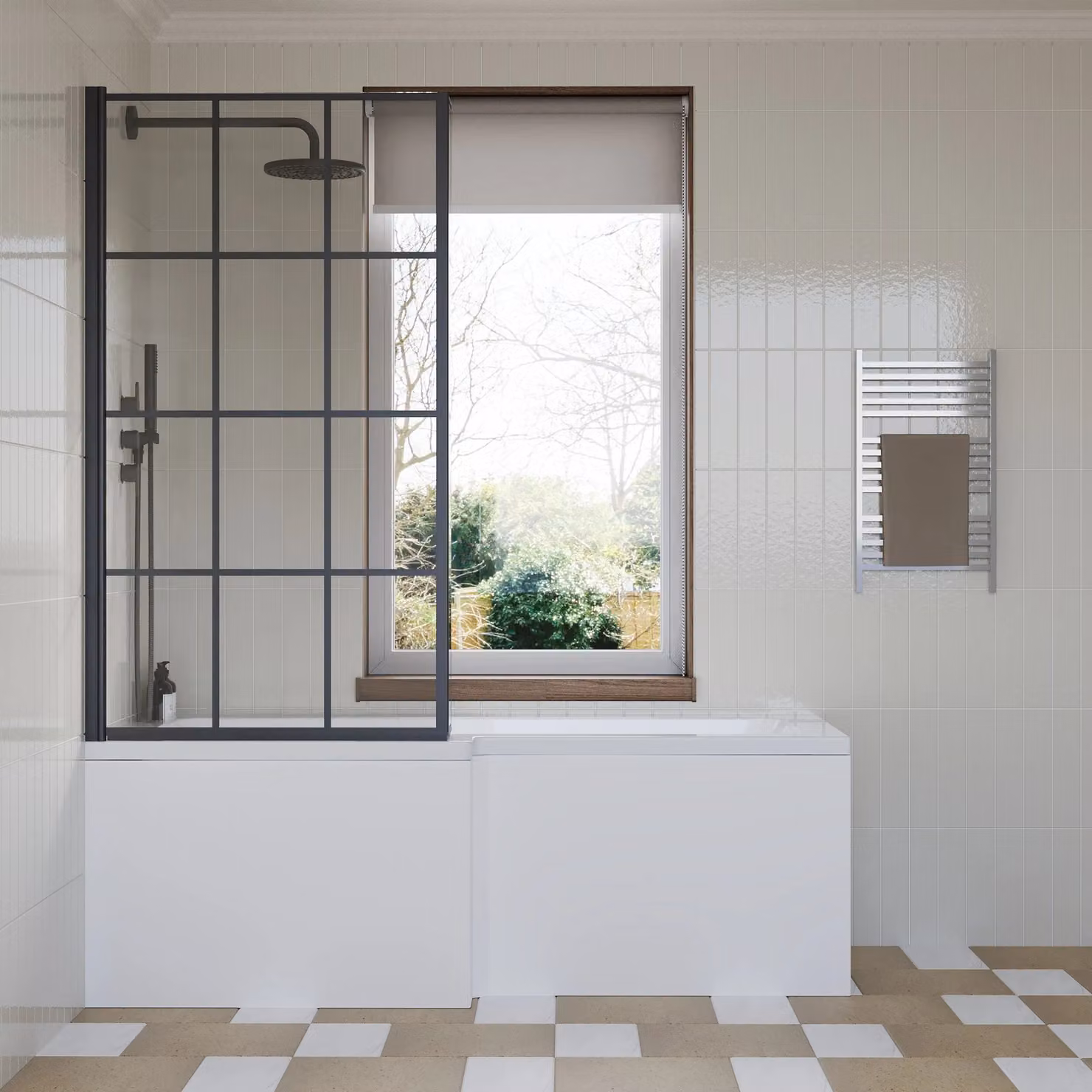 Balterley L Shape Shower Bath Set with White Panel and Black Grid Right Hand Return Screen, W/D/H: 170 x 85 x 85 cm – 2