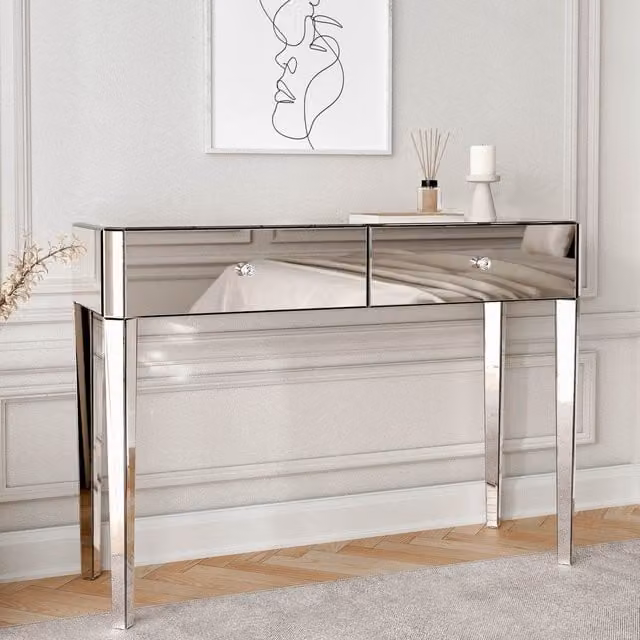 Carme Silver Mirrored Dressing Table and Console Table with Glass Top
