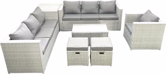 Fimous Wicker PE Rattan Garden Furniture Set in Light Grey with Armchair, Oblong Coffee Table, 2 Small Footstools and Side Table