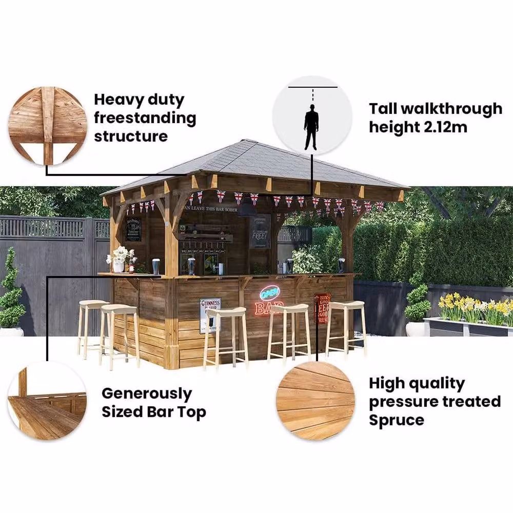 Dunster House Leviathan Wooden Garden Bar Outdoor Pub Shed in Brown with Black Bitumen Roof Shingles, W: 300 cm, D: 300 cm, H: 212 cm – 3