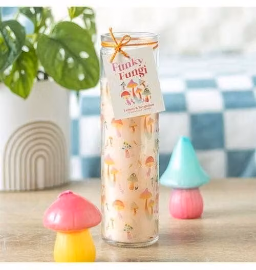 KDMD Funky Fungi Mushroom Print Tube Candle in Beige and Multicolour