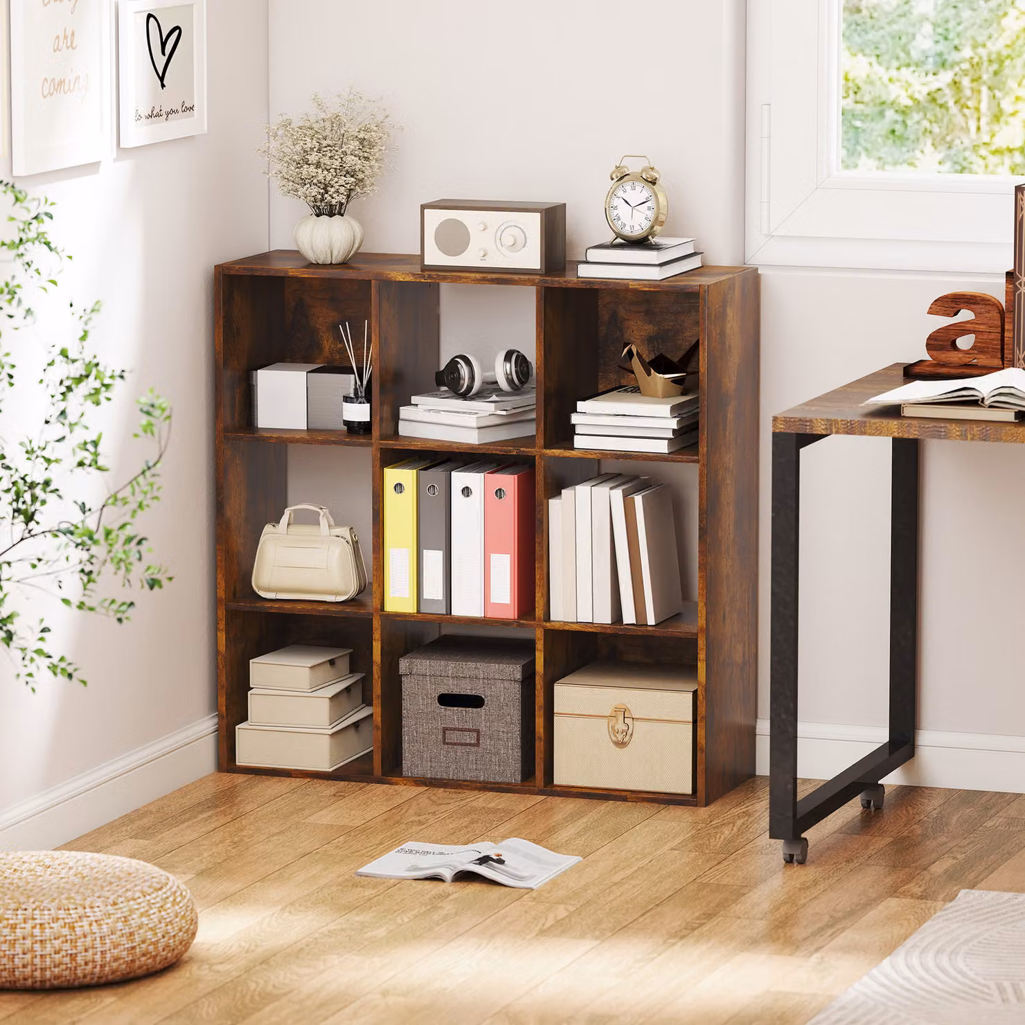 HOMCOM 3-tier 9 Cube Storage Unit and Bookcase Organiser in Rustic Brown – 2