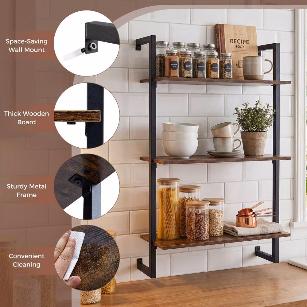 Gymax Industrial 3-Tier Wall Mounted Kitchen Shelf and Floating Display Rack in Brown – 8