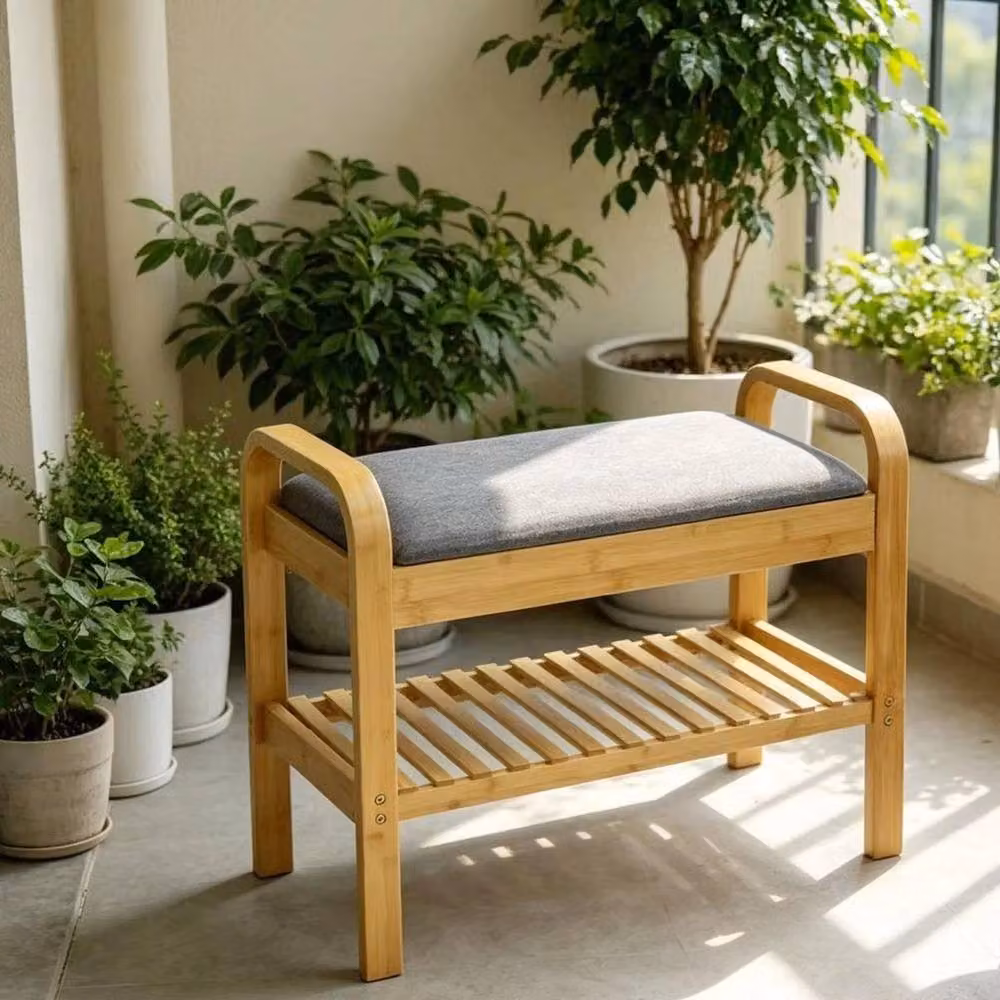 Havendro 2-Tier Bamboo Shoe Bench with Grey Fabric Cushion Storage – 2
