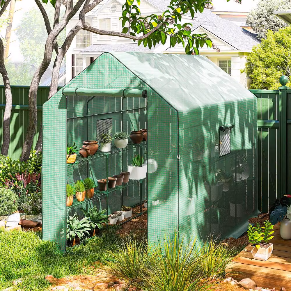 STILVORA Green Walk-in Greenhouse with 12 Shelves and Roll-up Door, H 213 x W 140 x D 190 cm – 3