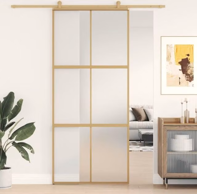 Berkfield Home Minimalist Sliding Door in Gold with Frosted ESG Glass and Aluminium, W: 90 cm, H: 205 cm